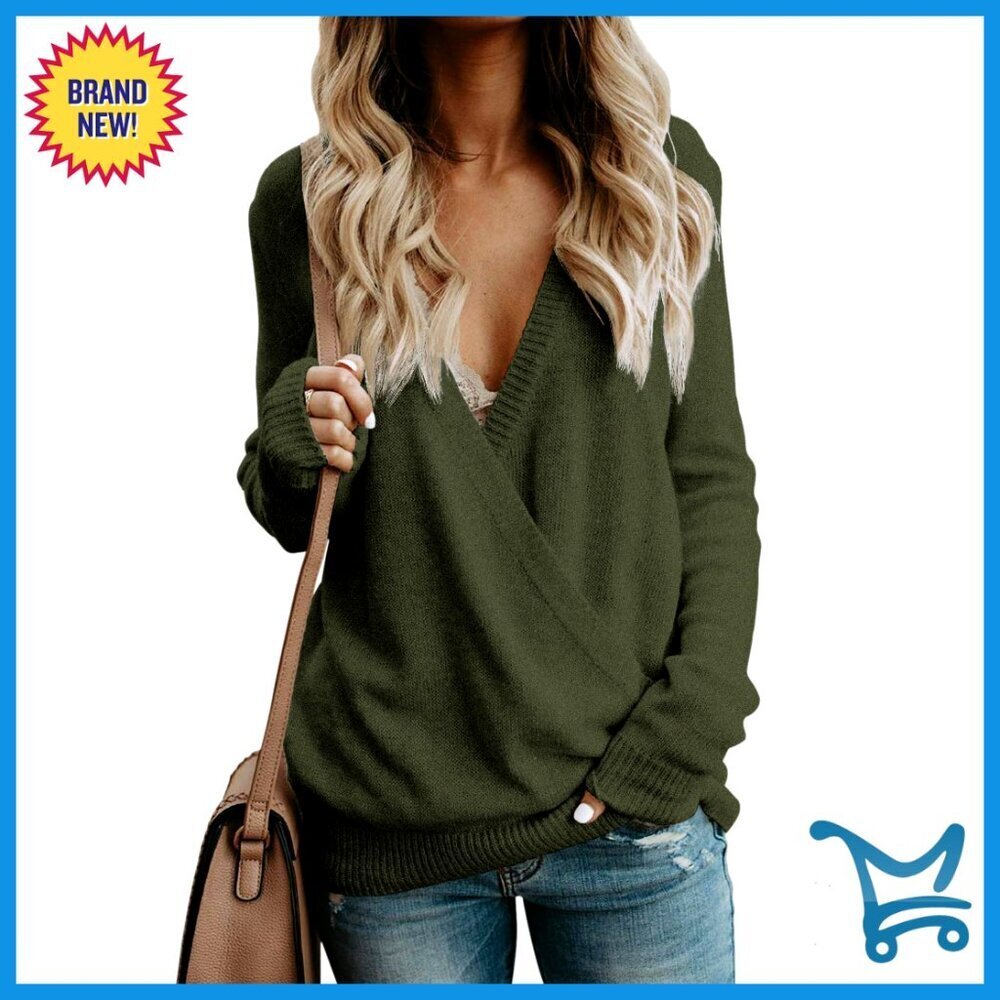 Oversized V-Neck Pullover Sweater Wrap Top Loose Fit Knit Jumper Long Sleeve